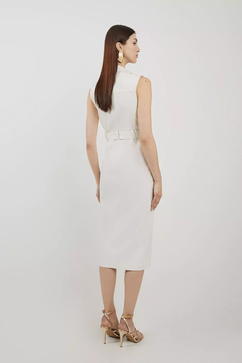Petite Tailored Denim Cargo Pocket Belted Midi Shirt Dress