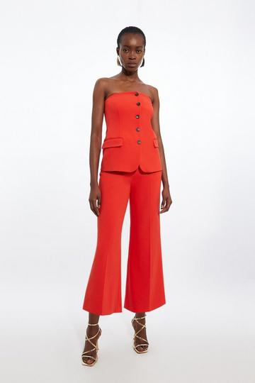 Red Compact Stretch Tailored Bandeau Button Bodice Wide Leg Jumpsuit