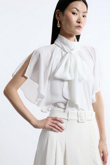 Pussy Bow Tie Woven Georgette Blouse ivory