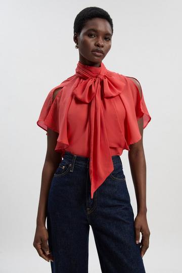 Pussy Bow Tie Woven Georgette Blouse orange
