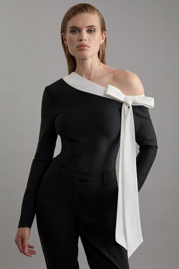 Figure Form Bandage Knit Bow Detail Asymmetric Top mono