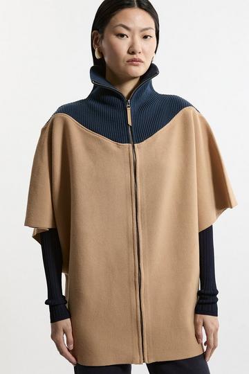 Zip Through Collared Knit Poncho camel