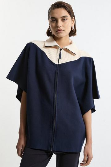 Zip Through Collared Knit Poncho navy