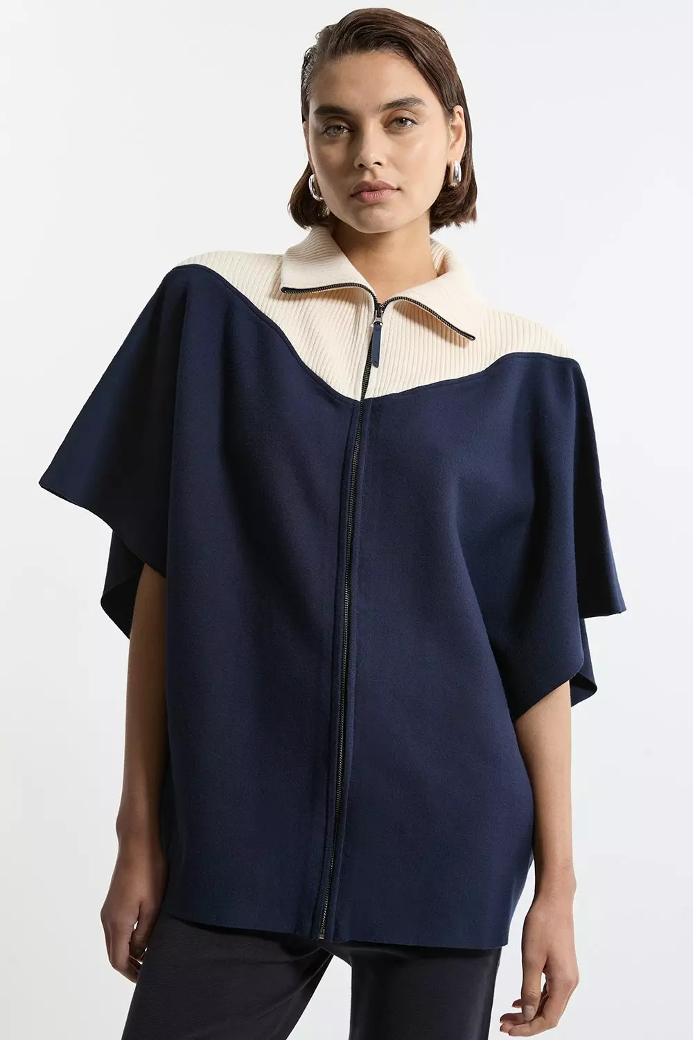 Navy Zip Through Collared Knit Poncho  alternative image