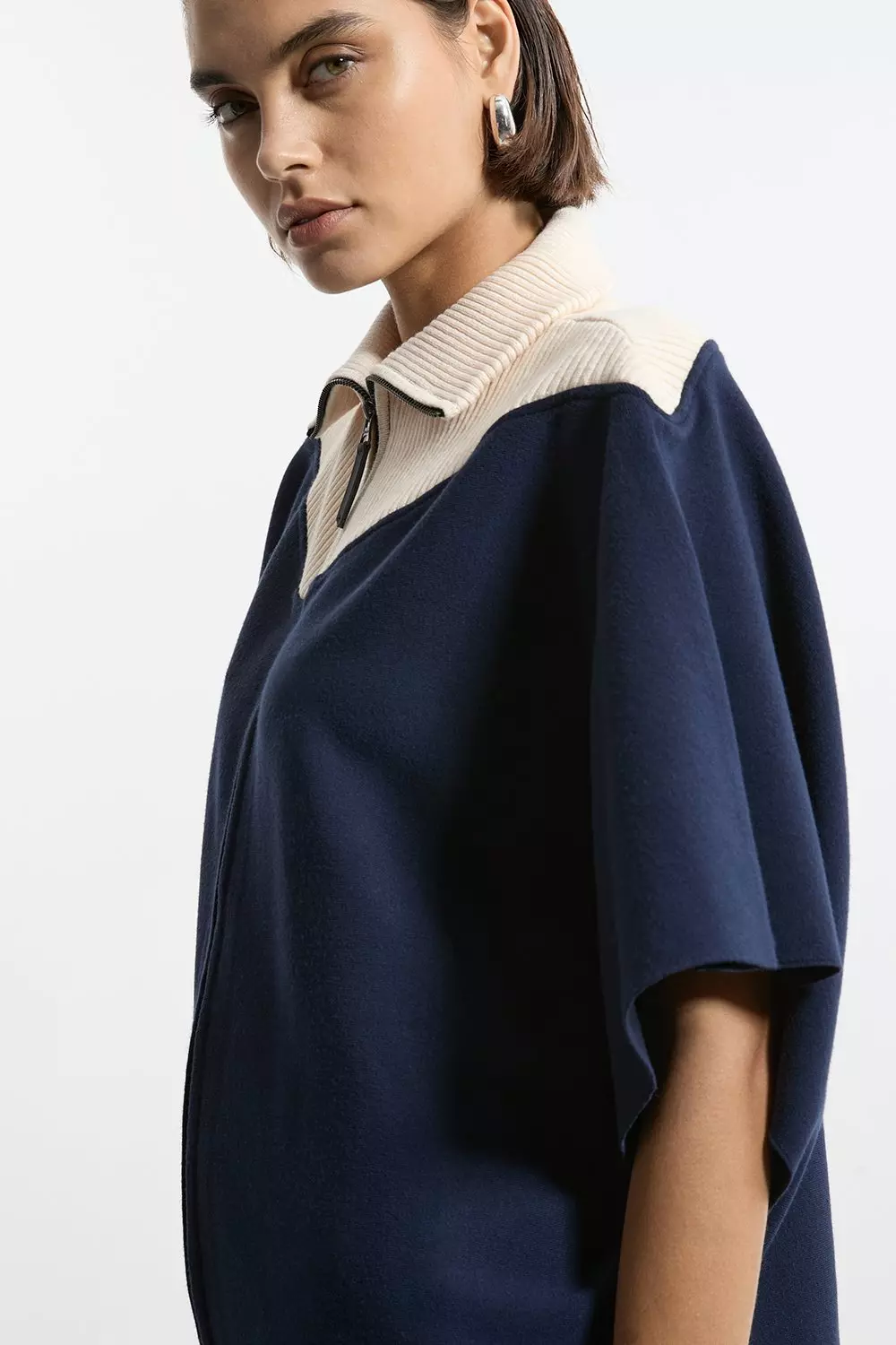 Navy Zip Through Collared Knit Poncho  alternative image