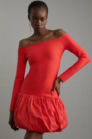 Petite Figure Form Bandage Knit Structured Puff Ball Mini Dress red