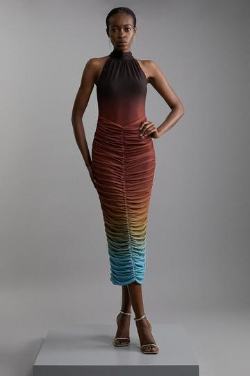 Ombre Jersey Mesh Halter Ruched Midi Dress multi