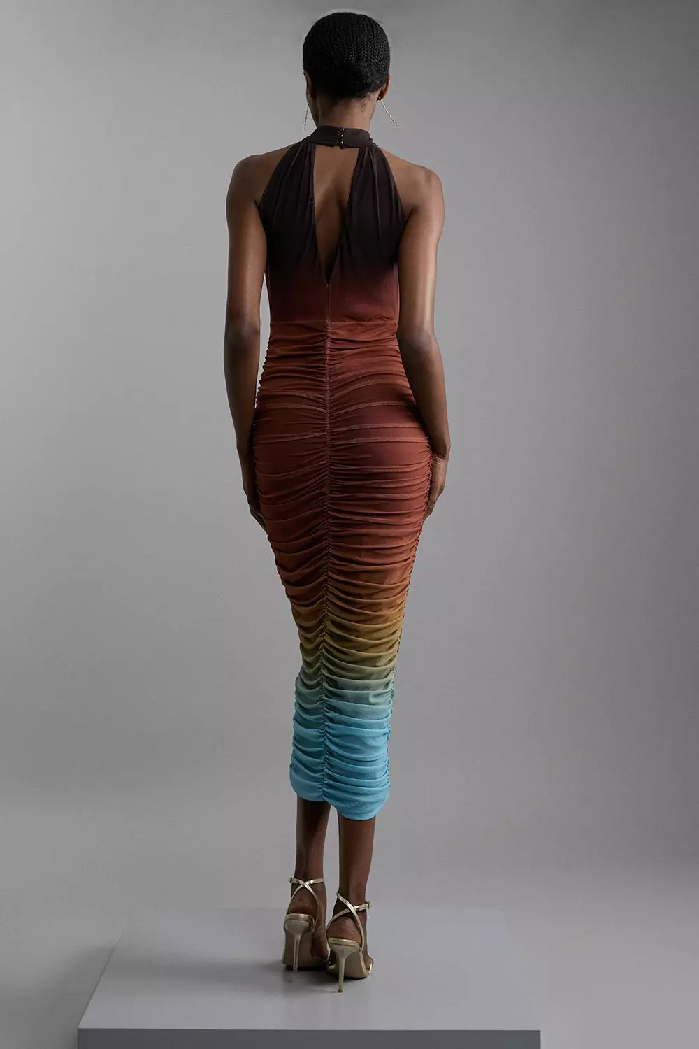 Ombre Jersey Mesh Halter Ruched Midi Dress | Karen Millen