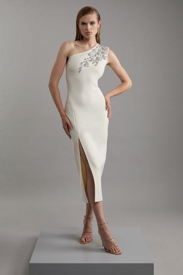 Figure Form Bandage Knit Embellished One Shoulder Midaxi Dress cream