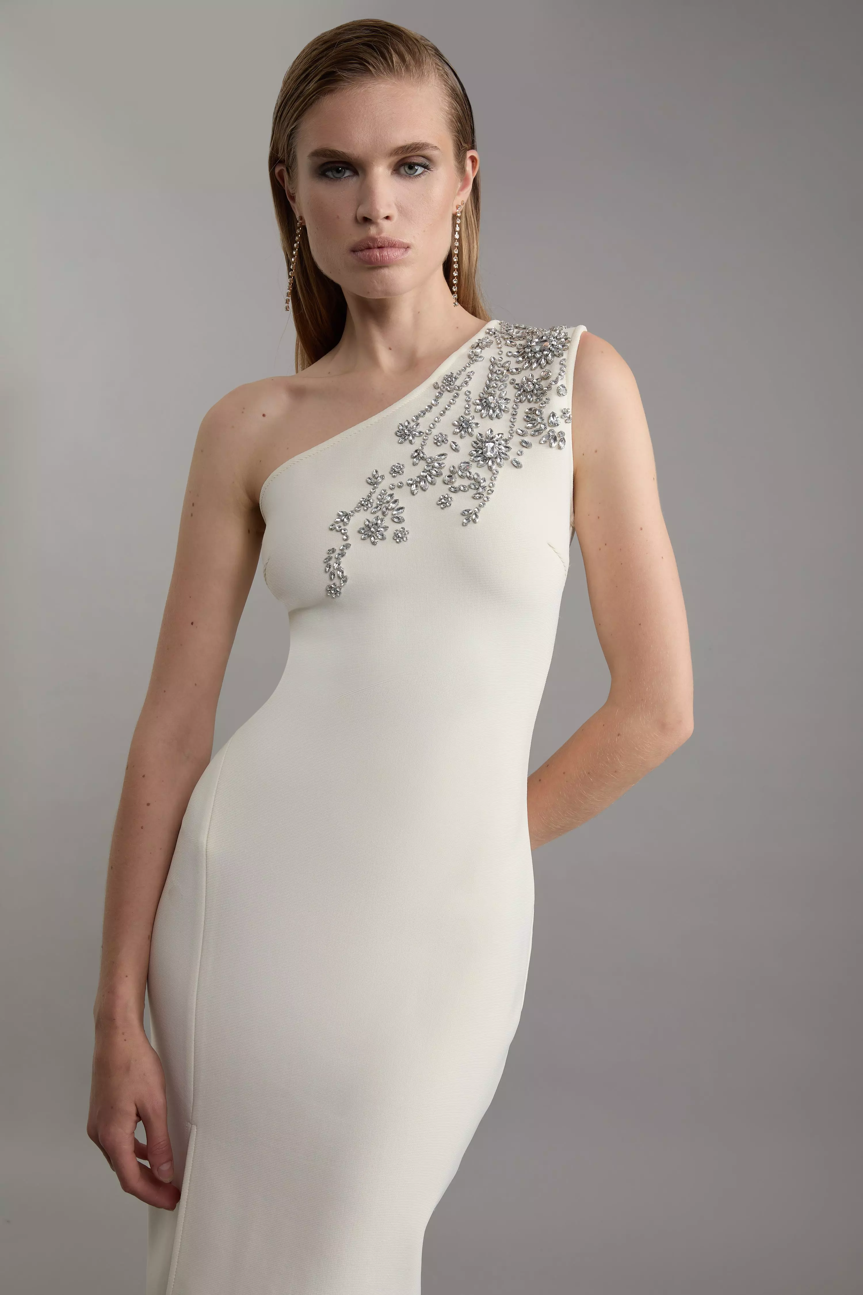 Figure Form Bandage Knit Embellished One Shoulder Midaxi