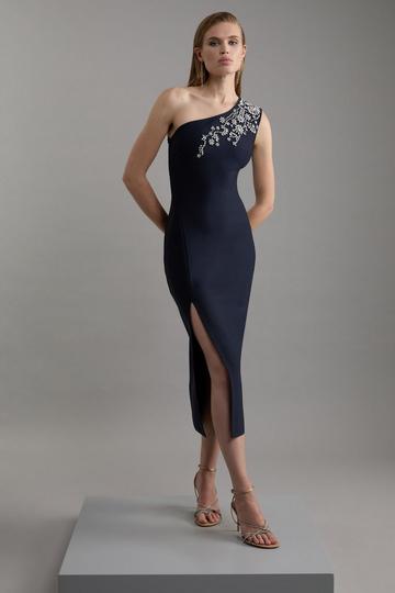 Navy Figure Form Bandage Knit Embellished One Shoulder Midaxi Dress