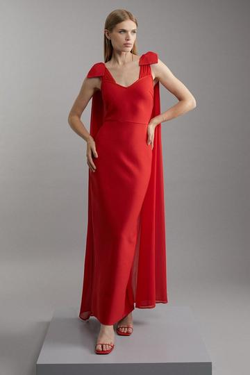 Red Bandage Figure Form Knit Dress With Chiffon Bow Detail