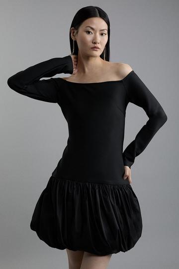 Black Figure Form Bandage Knit Structured Puff Ball Mini Dress