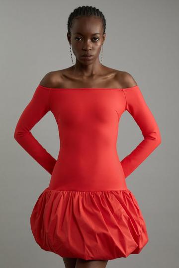 Red Figure Form Bandage Knit Structured Puff Ball Mini Dress