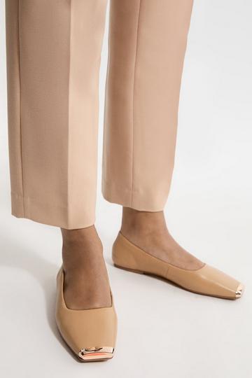 Leather Square Toe Ballerina With Metal Toe Cap tan