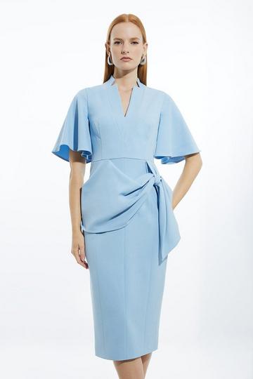 Blue Structured Crepe Tailored Angel Sleeved Midi Pencil Dress