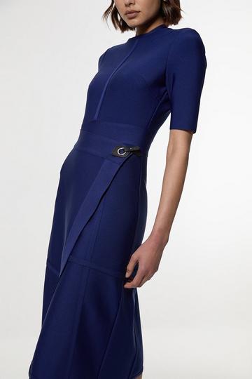 Navy Figure Form Bandage Asymmetric Knit Midi Dress