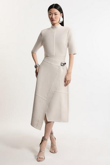 Figure Form Bandage Asymmetric Knit Midi Dress stone