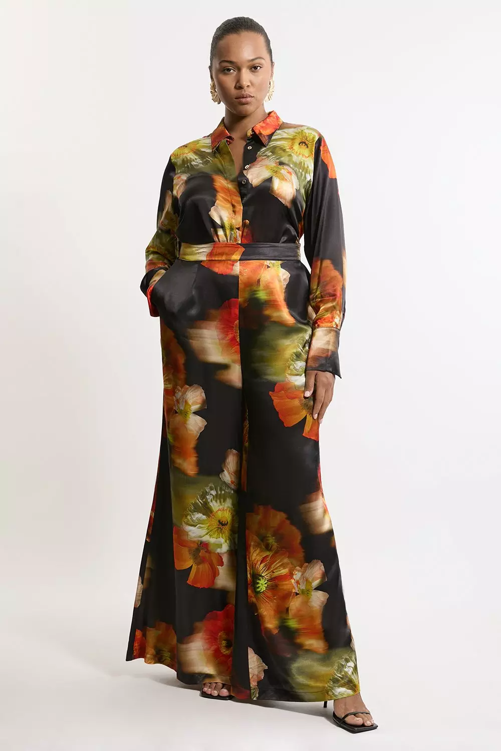 ★Karen Millen パームプリントヴォイルフレア 魅惑的マキシ★ Plus Size Floral Satin Woven Pants | Karen Millen