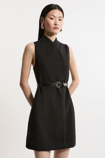 Black Compact Stretch Essential Belted Tailored Mini Dress