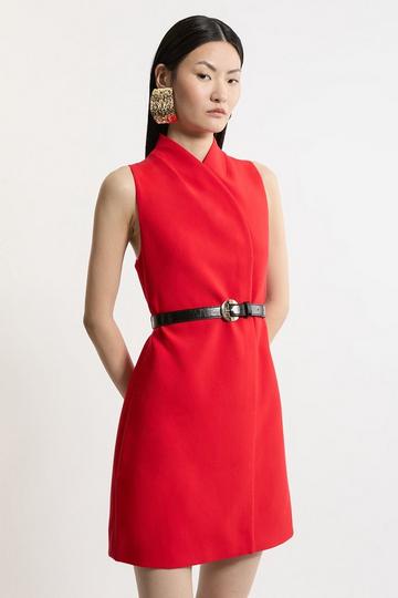 Compact Stretch Essential Belted Tailored Mini Dress red