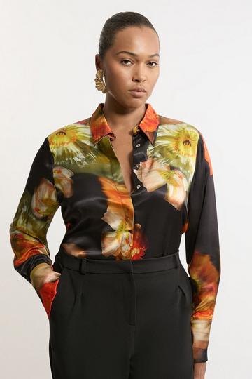 Multi Plus Size Floral Satin Woven Shirt