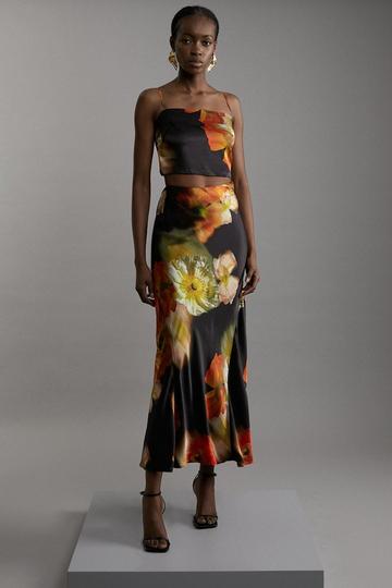 Multi Floral Viscose Satin Top And Skirt Set