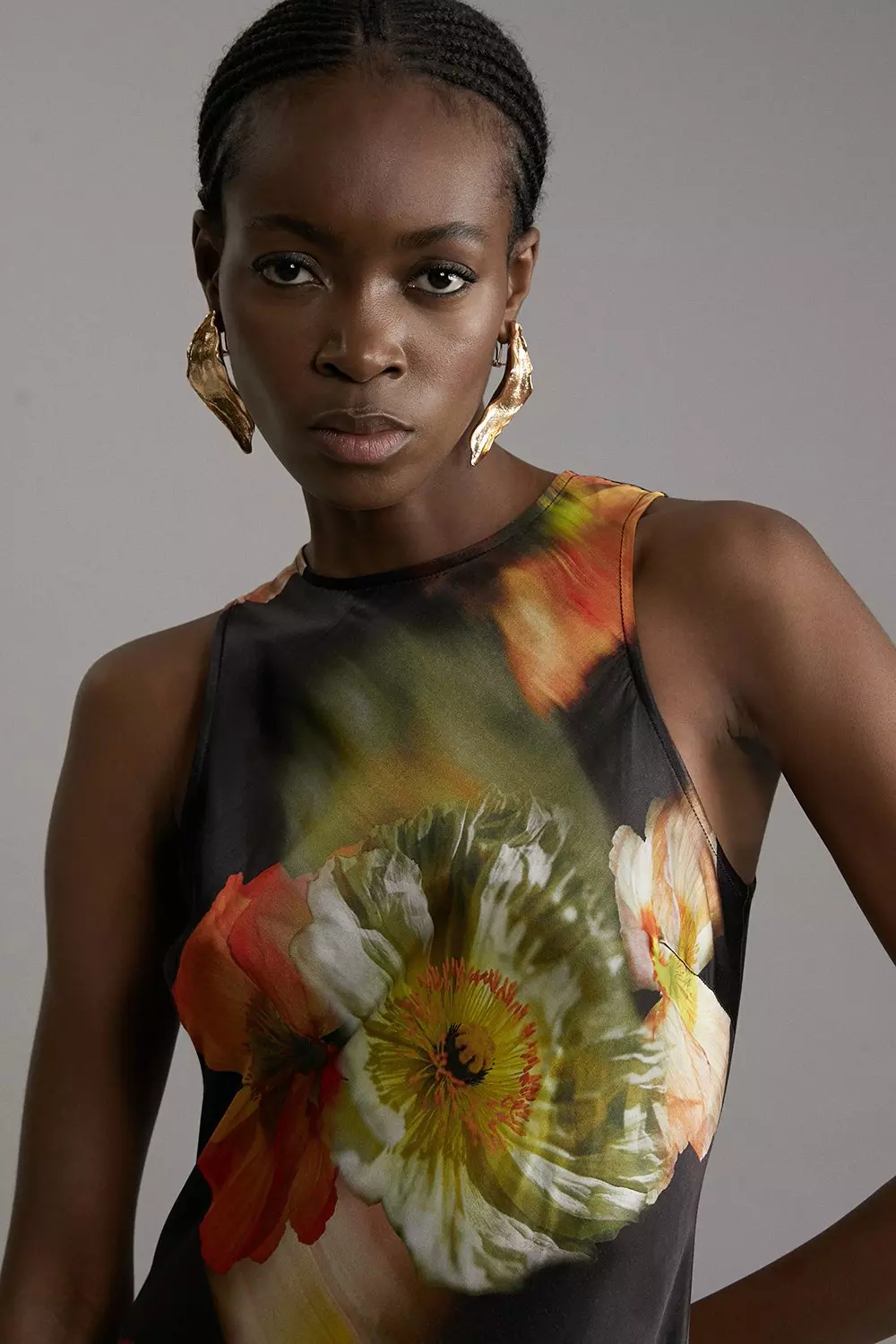 Petite Floral Satin Woven Column Maxi Dress | Karen Millen