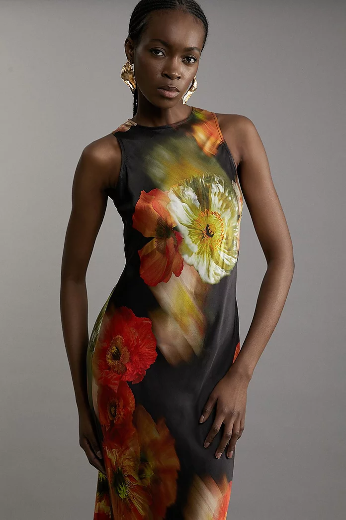 Petite Floral Satin Woven Column Maxi Dress | Karen Millen Petite Floral Satin Woven Column Maxi Dress | Karen Millen