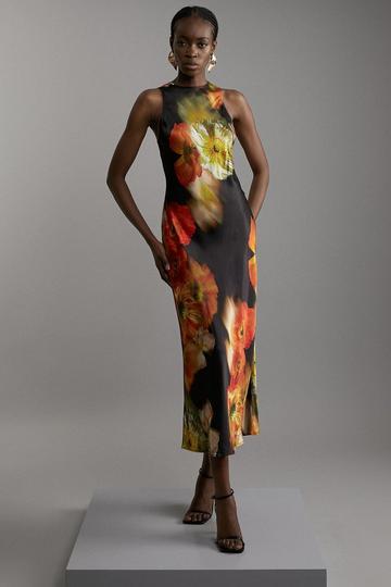 Multi Floral Satin Woven Column Maxi Dress