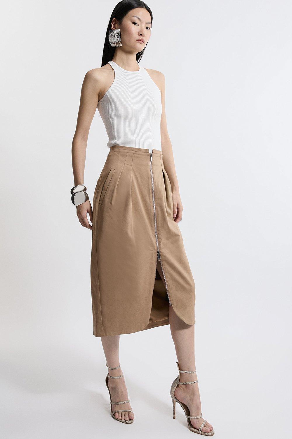 Camel Tailored Cotton Pocket Midi Skirt 