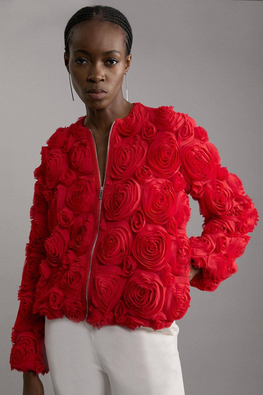 Red Crinkle Rosette Woven Bomber Jacket