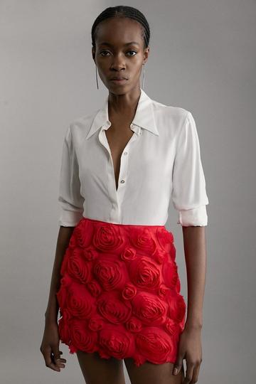 Red Crinkle Rosette Woven Mini Skirt