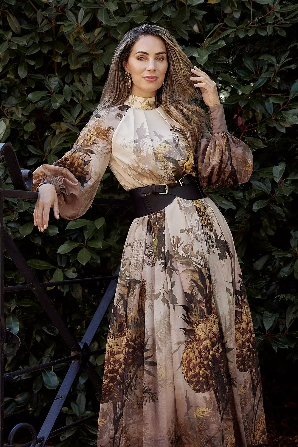 Nude pink Lydia Millen Petite Silk Cotton Border Print Belted Maxi Dress alternative image