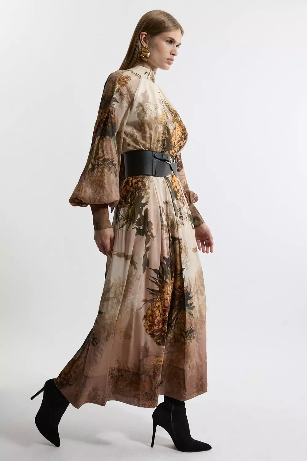 Nude pink Lydia Millen Petite Silk Cotton Border Print Belted Maxi Dress alternative image