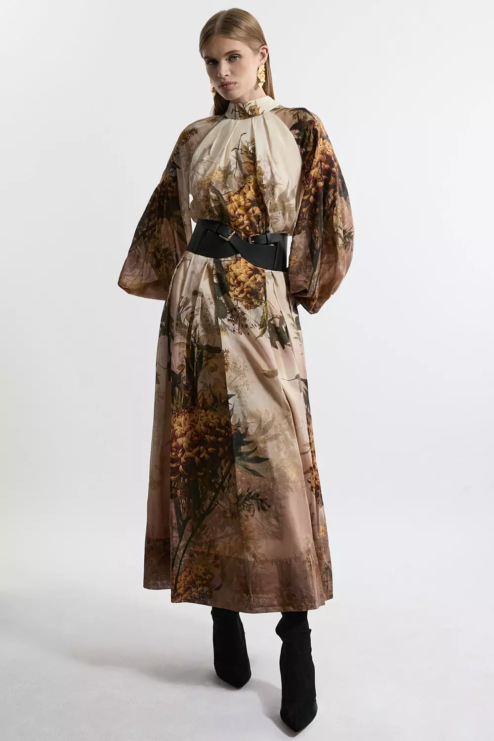 Nude pink Lydia Millen Petite Silk Cotton Border Print Belted Maxi Dress alternative image