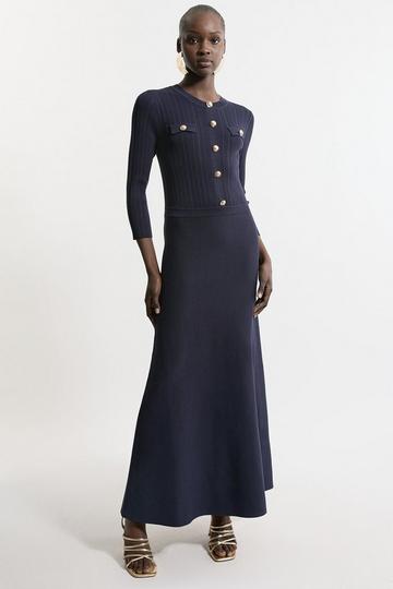 Navy Viscose Blend Rib Knit Military Long Sleeve Maxi Dress