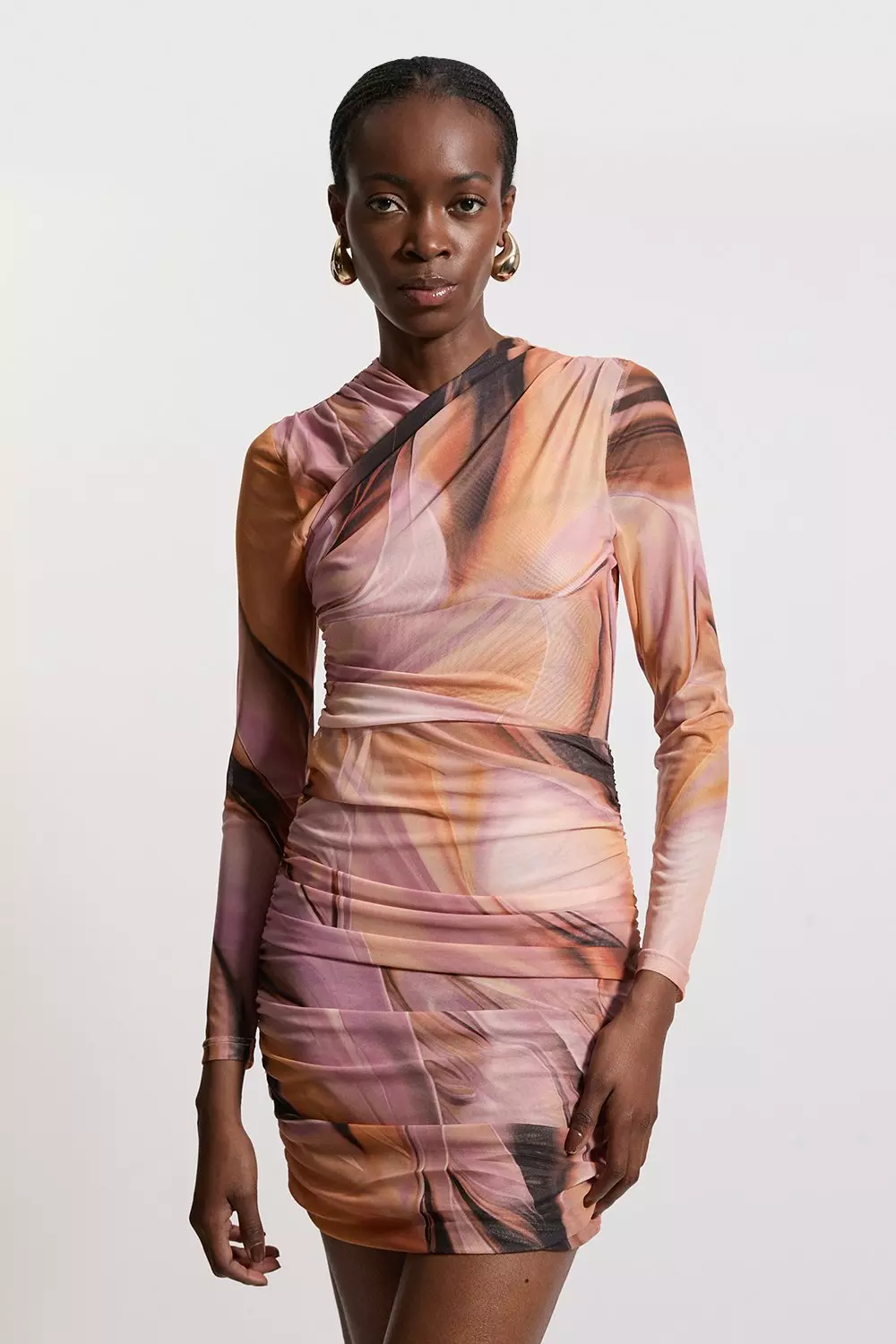 Petite Marble Printed Mesh Ruched Mini Dress Karen Millen