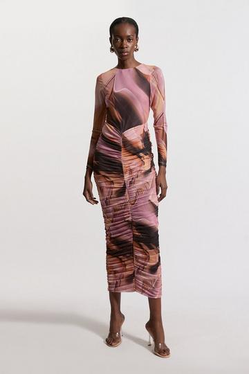 Marble Printed Mesh Ruched Long Sleeve Midi Dress multi