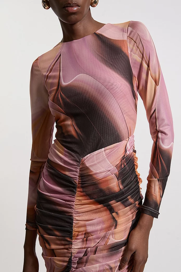 Marble Printed Mesh Ruched Long Sleeve Midi Dress | Karen Millen Marble Printed Mesh Ruched Long Sleeve Midi Dress | Karen Millen