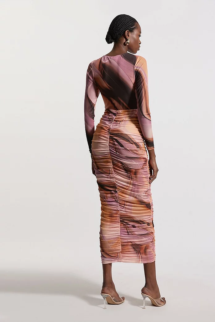 Marble Printed Mesh Ruched Long Sleeve Midi Dress | Karen Millen Marble Printed Mesh Ruched Long Sleeve Midi Dress | Karen Millen