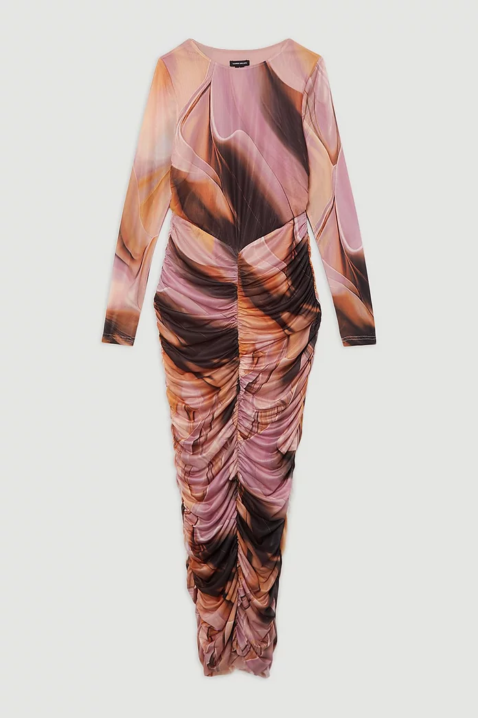 Marble Printed Mesh Ruched Long Sleeve Midi Dress | Karen Millen Marble Printed Mesh Ruched Long Sleeve Midi Dress | Karen Millen