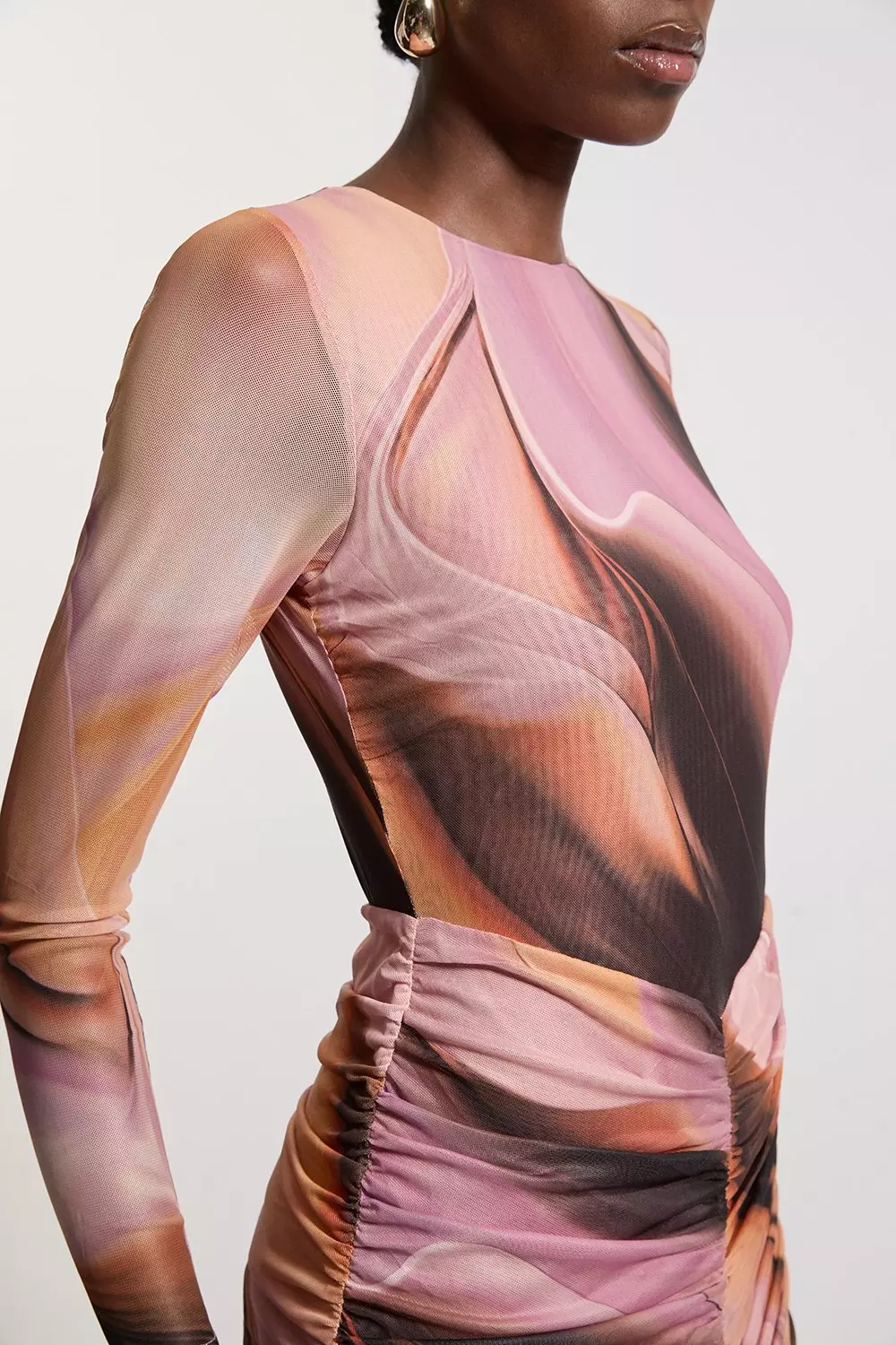 Marble Printed Mesh Ruched Long Sleeve Maxi Dress | Karen Millen
