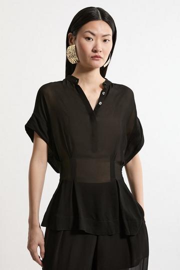 Sheer Viscose Georgette Pintuck Woven Blouse black