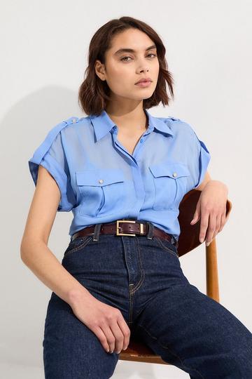 Sheer Viscose Georgette Woven Utility Blouse blue
