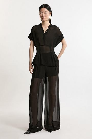 Sheer Viscose Georgette Woven Side Split Pants black