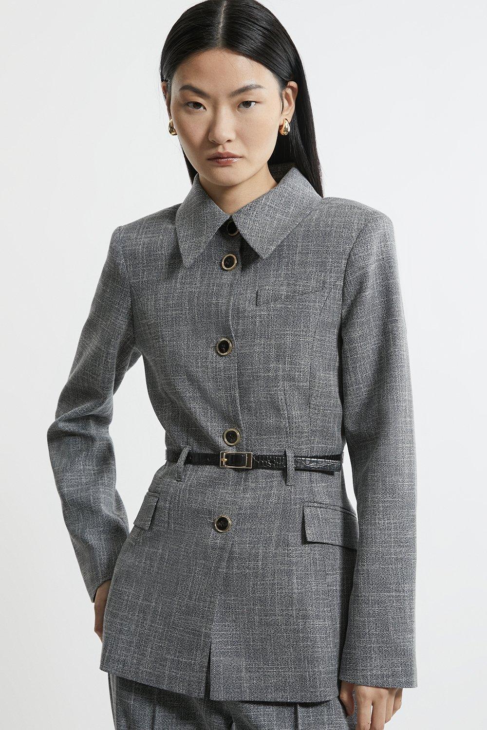 Mono Texture Belted Collared Button Front Tailored Jacket