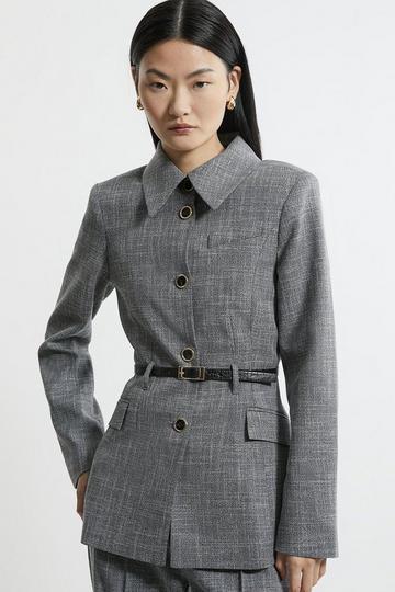 Mono Texture Belted Collared Tailored Jacket mono