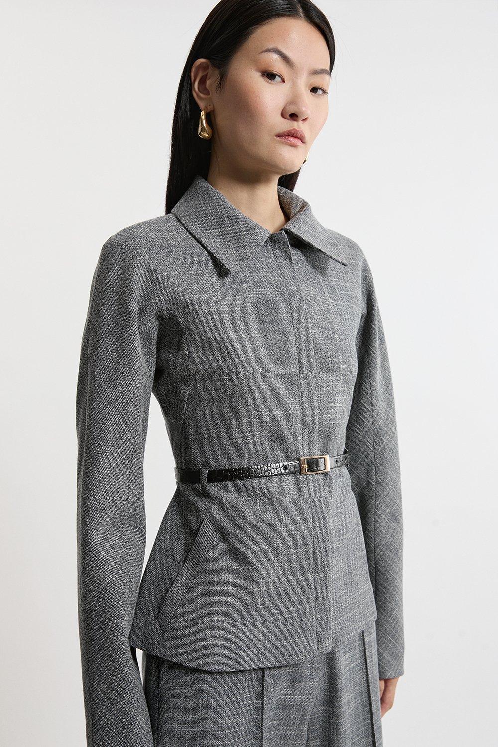 Mono Texture Belted Collared Tailored Jacket 