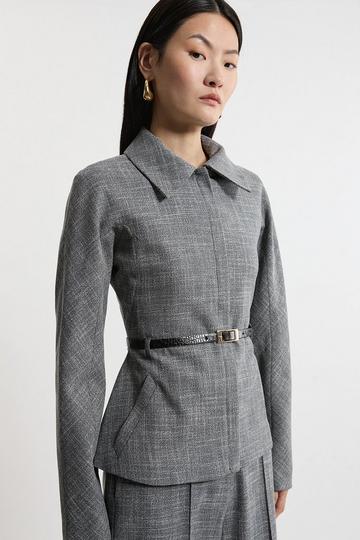 Mono Texture Belted Collared Tailored Jacket mono